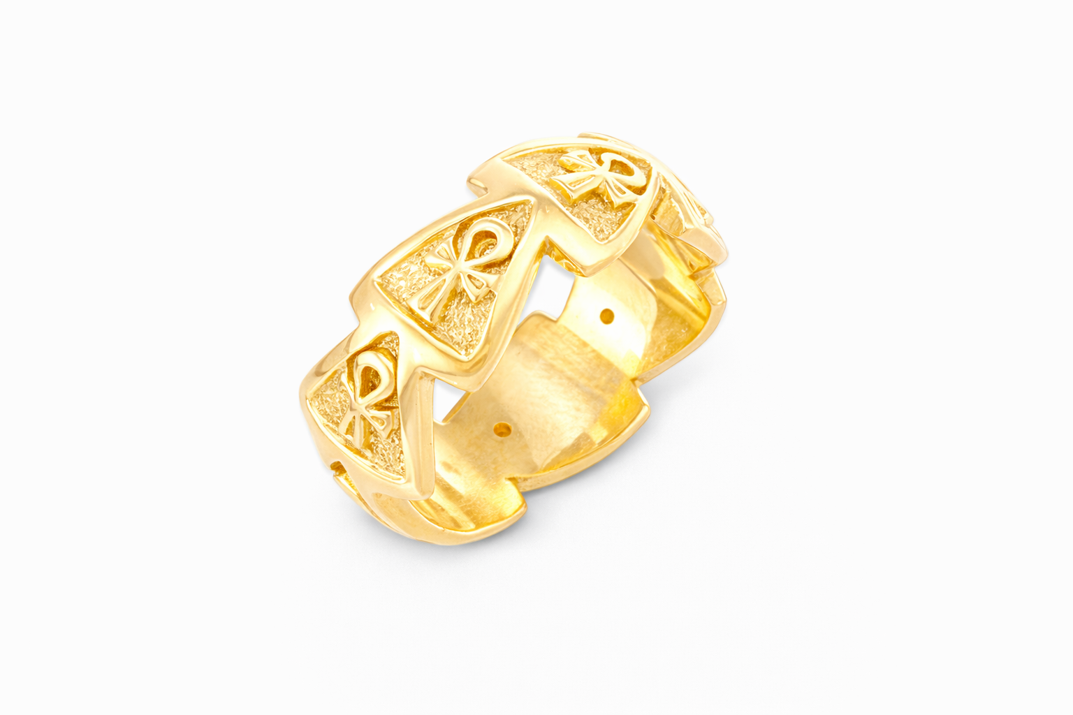 18k yellow Gold ring with intricate ankh designs within pyramids on a white background