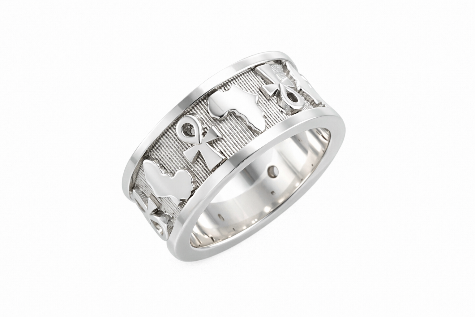 Silver ring with ankhs and Africa map designs going around the band on a white background