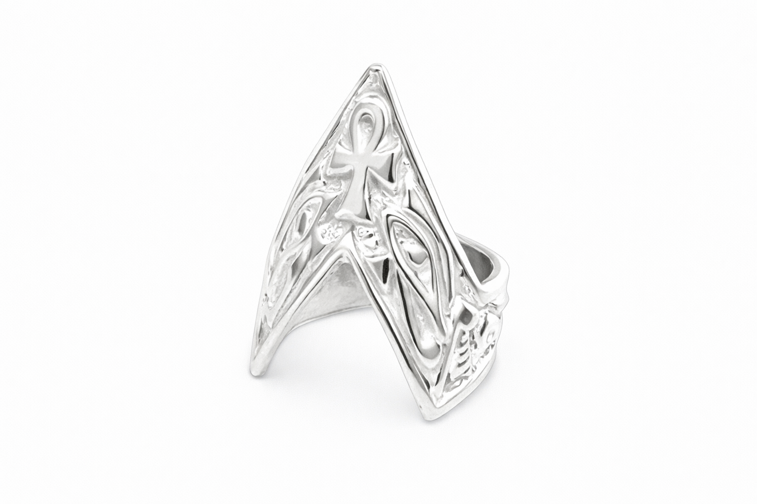 Eyes on Life Pyramid Ring with intricate design of eyes and an ankh on a white background