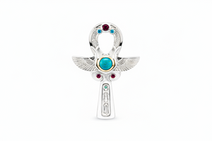 Sterling silver with gold bezel large ankh ring with many memetic or ancient Egyptian symbols on it.