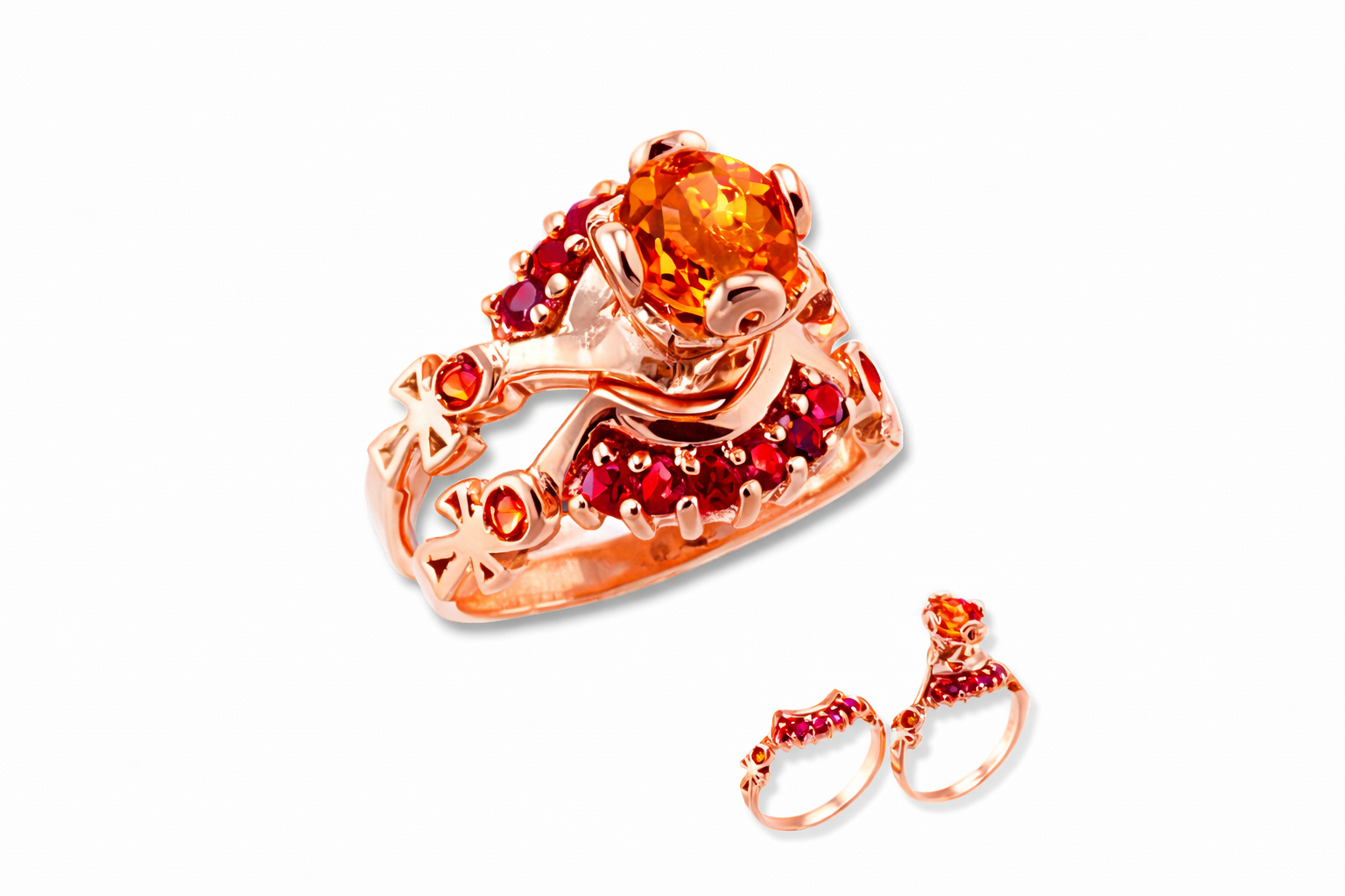 Rose gold two part engagement ring with orange gemstone and smaller red stones on a white background