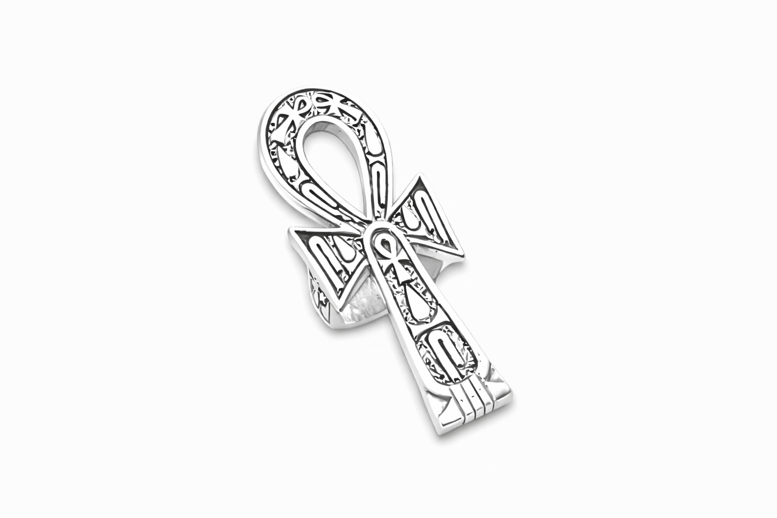 Sterling silver Large Ankh Life Prosperity & Health Ring in Egyptian hieroglyphics.