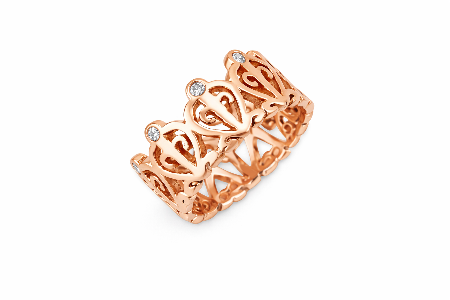 Rose gold Adinkra ring "Odo Nnyew Fie Kwan" ring with intricate design on a white background