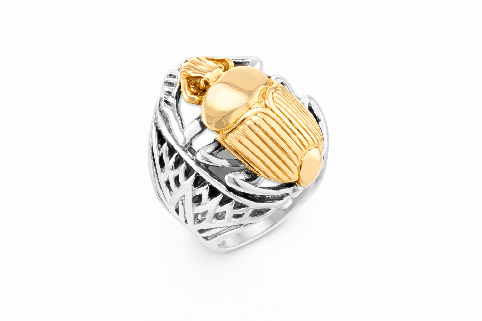 Khepera Scarab Ring with gold and silver design, symbolizing rebirth, perfect for personal growth, featured in Studio of Ptah.