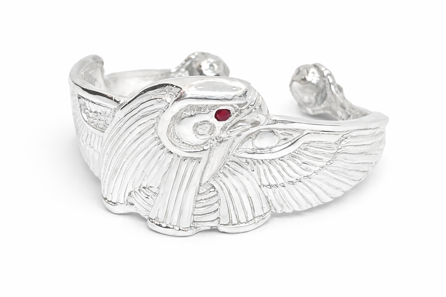 Silver Horus wrist cuff with winged design on a white background