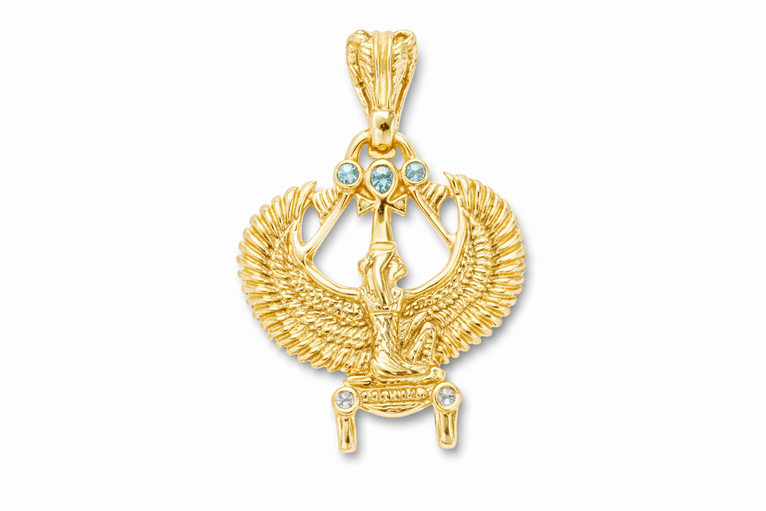 Gold pendant of the goddess Maat on a white background