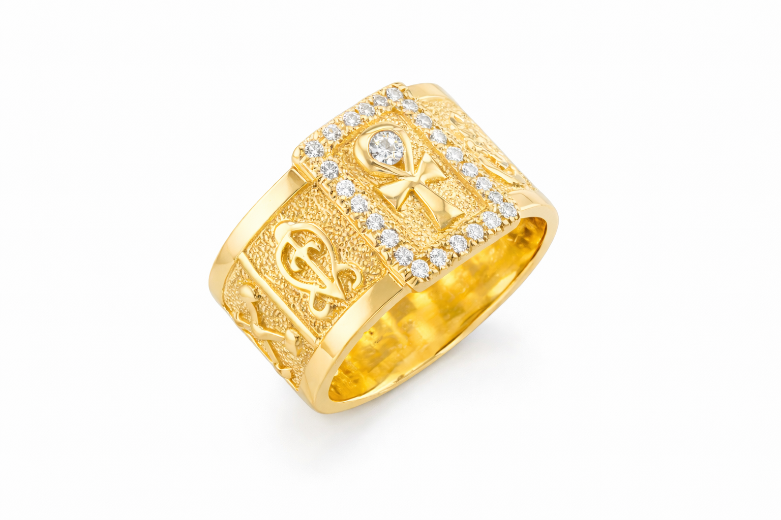 Gold ring with multiple Adinkra symbols on it.