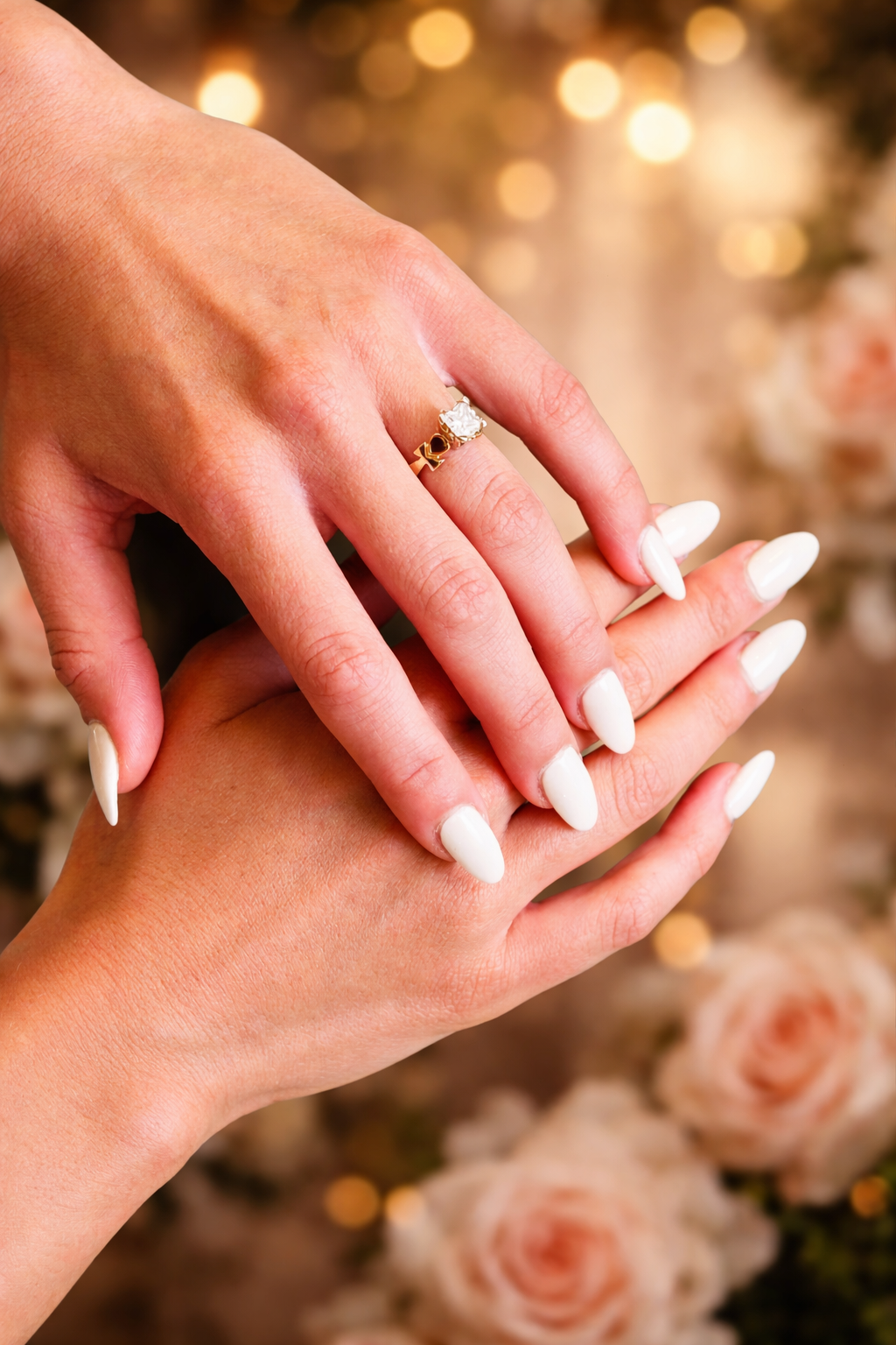 Close up of a bride showing off her engagement ring, against a blurred floral and light background