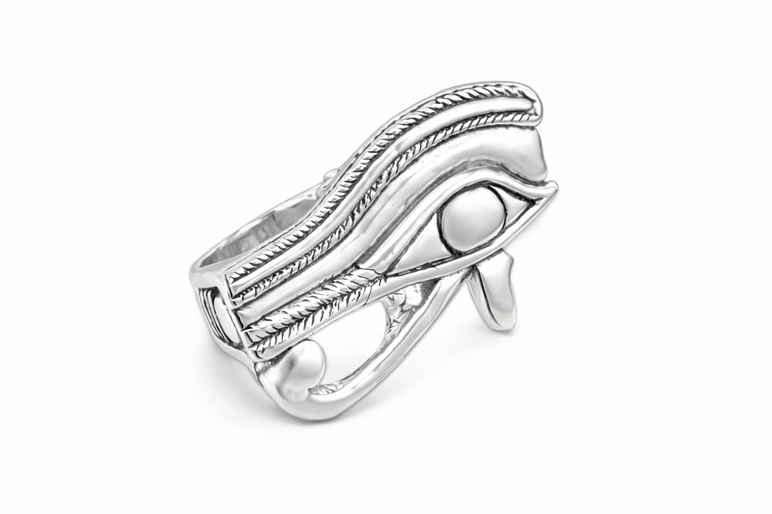 A sterling silver Eye of Heru two finger ring featuring the eye of heru design, with a textured surface. Right eye.