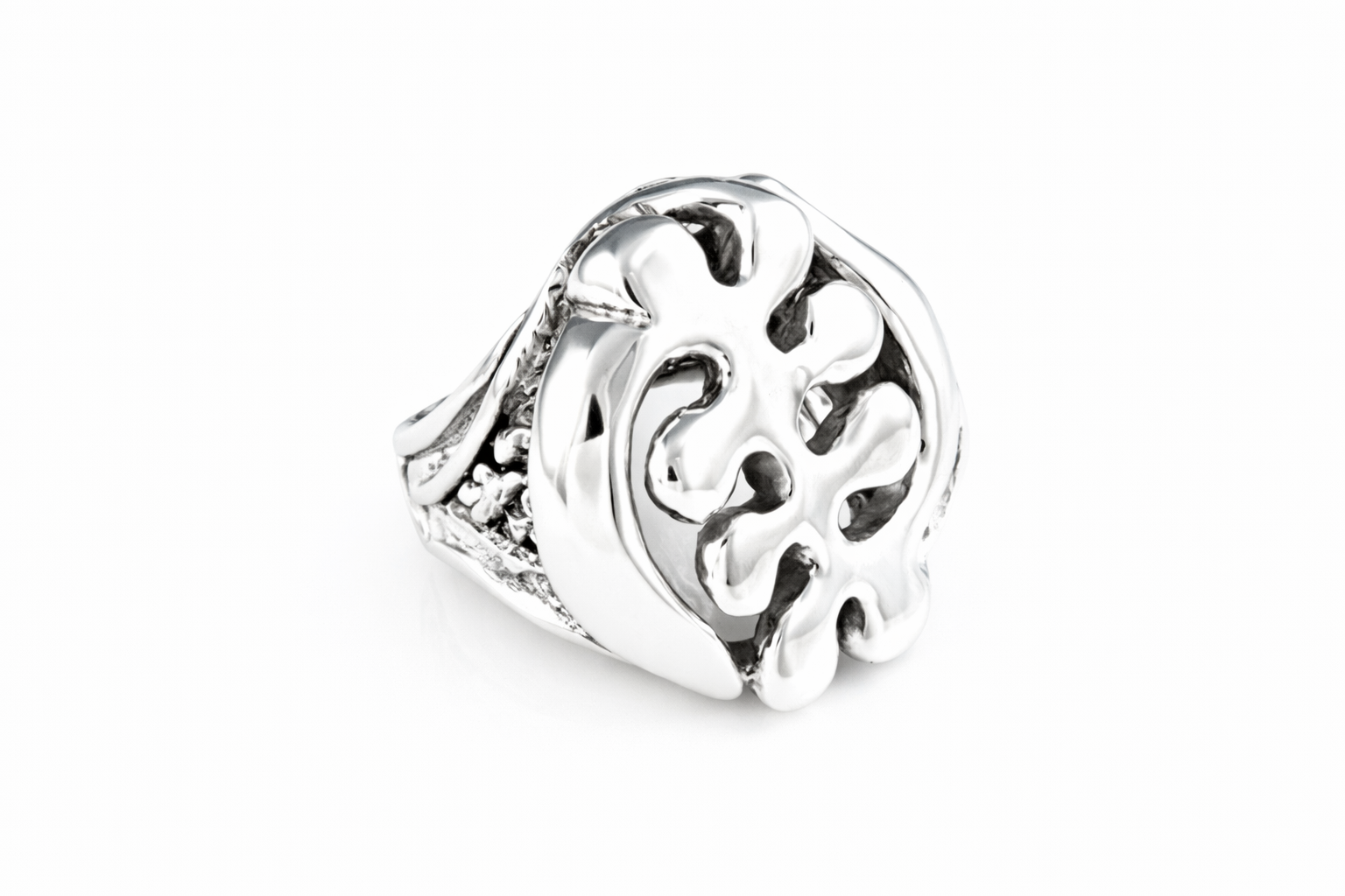 A silver Gye Nyame Dome Ring symbol ring with a smooth finish. Gye Nyame is an Adinkra symbol that means God is most powerful.