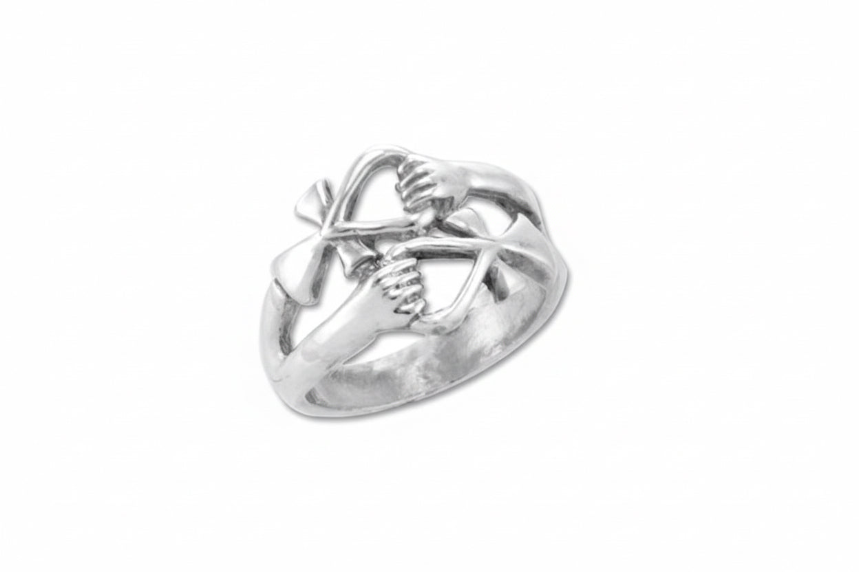 A sterling Silver friendship ring featuring two hands holding two ankhs representing two people supporting each other in life.