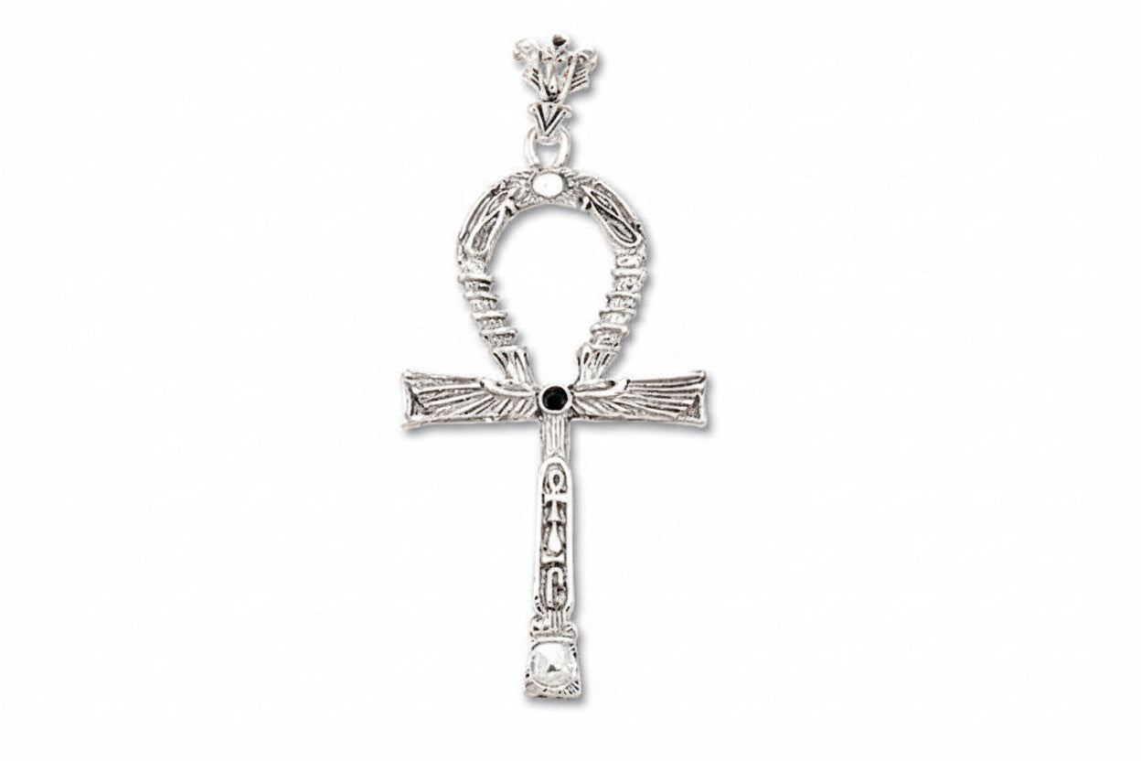 A sterling silver ankh pendant with intricate designs and a central onyx stone, featuring two sides with different Kemetic symbols.