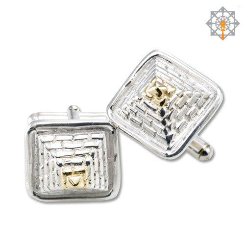 Great Pyramid Cufflinks w/Gold Caps crafted in Sterling Silver and featuring intricate design.