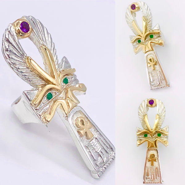 Eye of Heru Ankh Ring XL (Silver & Gold)