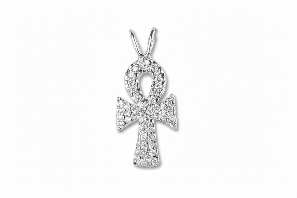 14k White Gold Ankh pendant encrusted with white diamonds on a white background