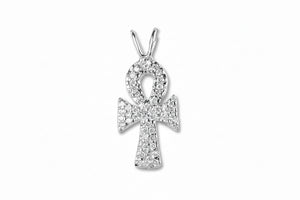 14k White Gold Ankh pendant encrusted with white diamonds on a white background