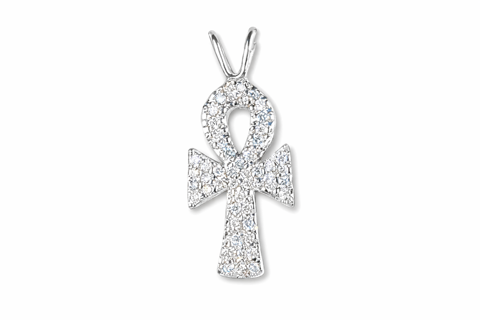 14k White Gold Ankh pendant encrusted with white diamonds on a white background