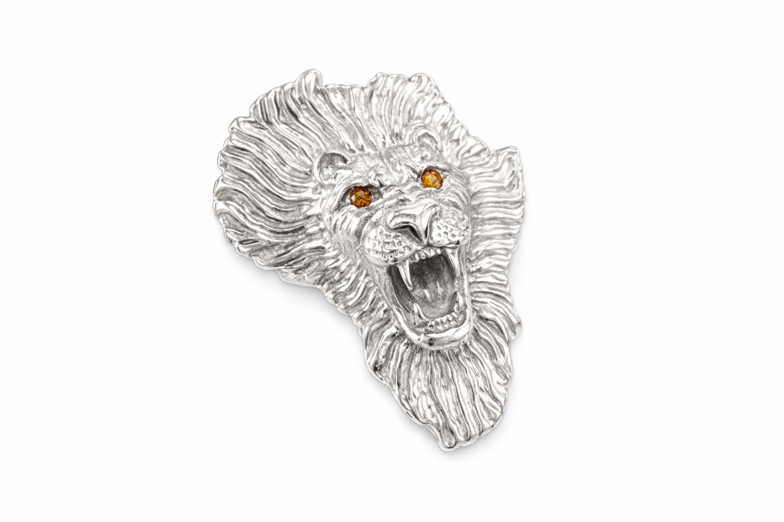 A sterling silver ring featuring a detailed design of a lion's face, in the shape of the map of Africa, with citrine gemstones in the eyes in the shape of the map of Africa.