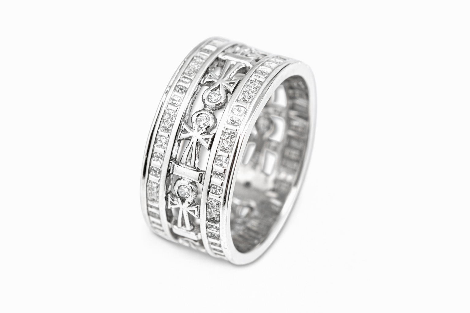 18k white gold ankh band with classic borders featuring diamond accents on a white background