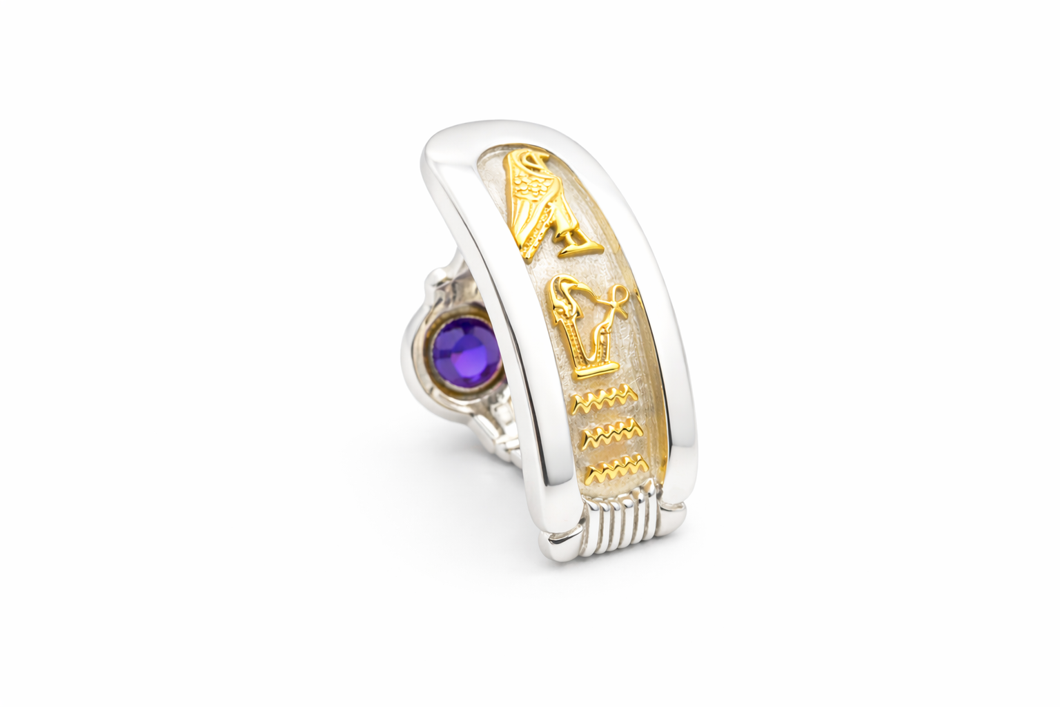 Sterling silver cartouche ring with gold glyphs