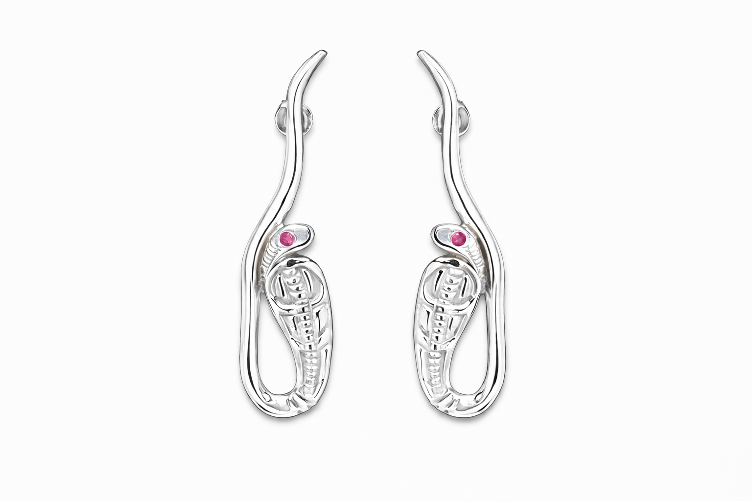 sterling silver cobra earrings with pink gemstones on a white background