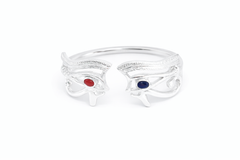 Large silver eye of Heru or eye of Horus ring with gemstones on a white background