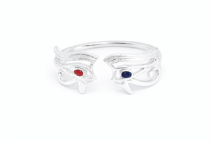 Large silver eye of Heru or eye of Horus ring with gemstones on a white background