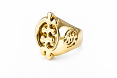 Gold ring with Gye Nyame symbols on a white background