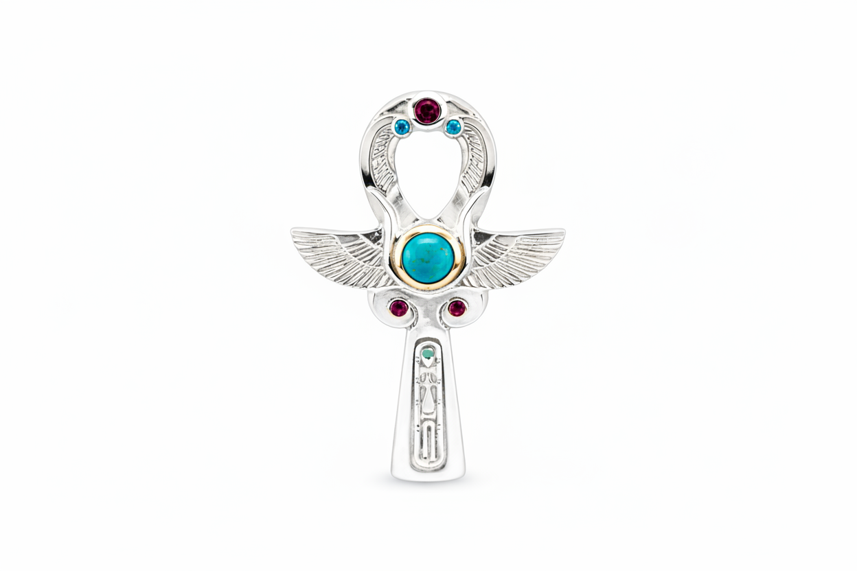 Sterling silver with gold bezel large ankh ring with many memetic or ancient Egyptian symbols on it.