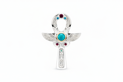 Sterling silver with gold bezel large ankh ring with many memetic or ancient Egyptian symbols on it.