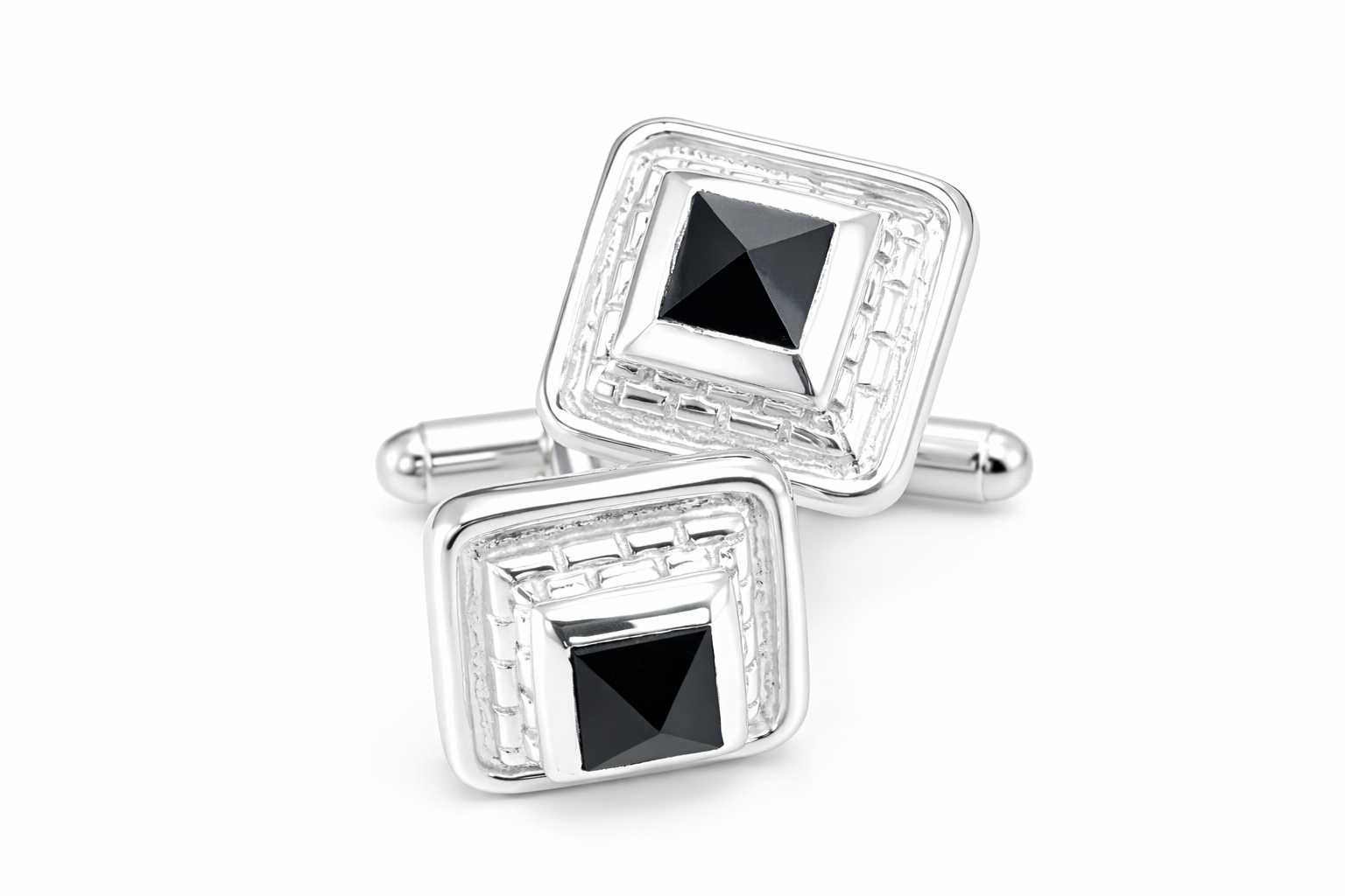 Great Pyramid Cufflinks in sterling silver cufflinks with an onyx stone set in the corners.