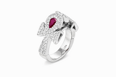 18k white gold double ankh ring encrusted with white diamonds and Rubies