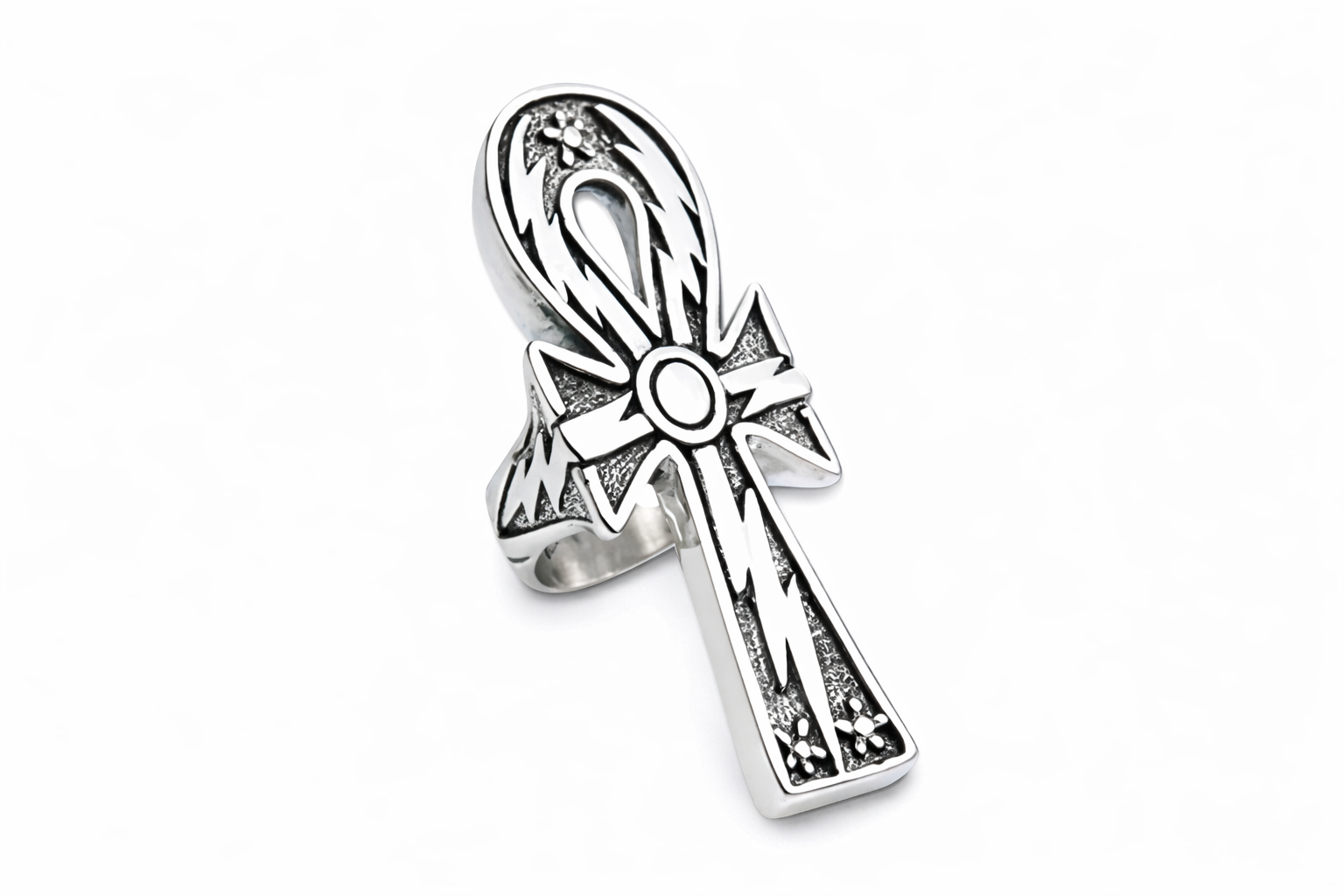 Sterling silver large Ankh ring with Lightening bolts all over it.