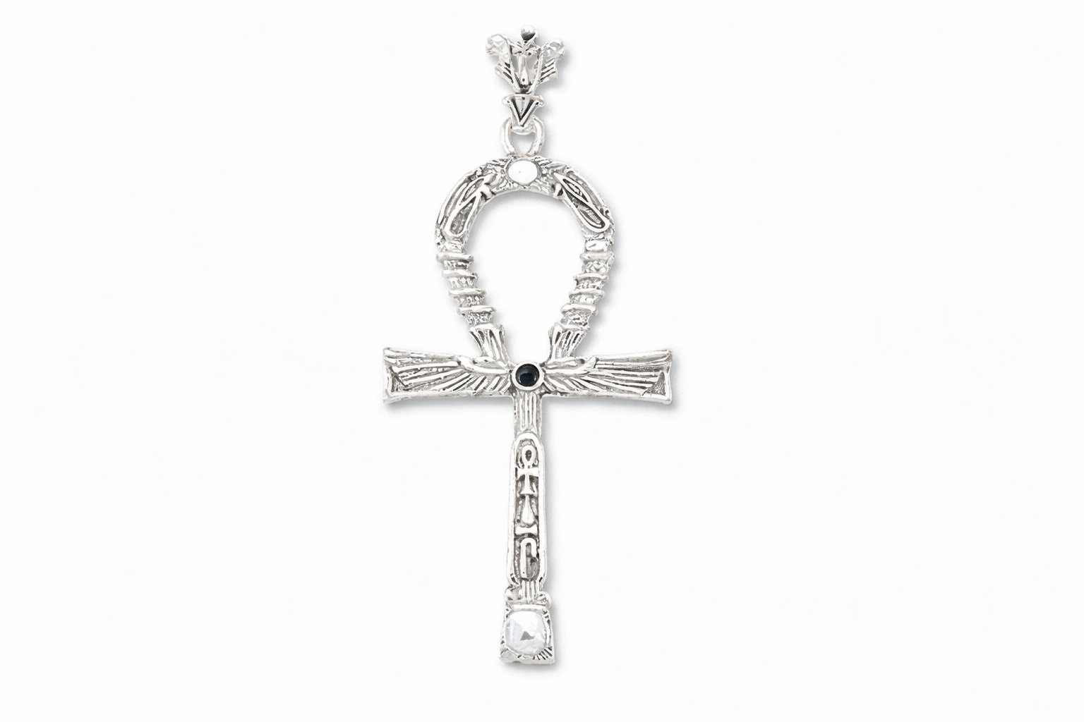 Silver Master Key Ankh Pendant pendant with a black gemstone on a white background