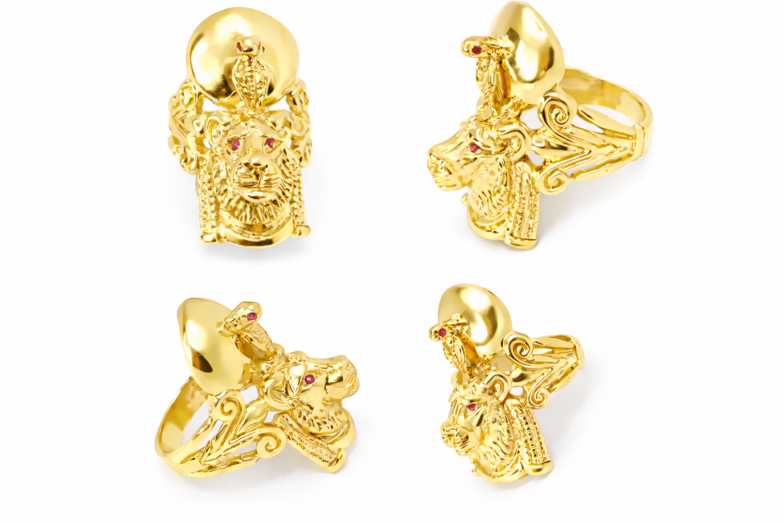Set of gold Sekhemet rings with intricate designs on a white background