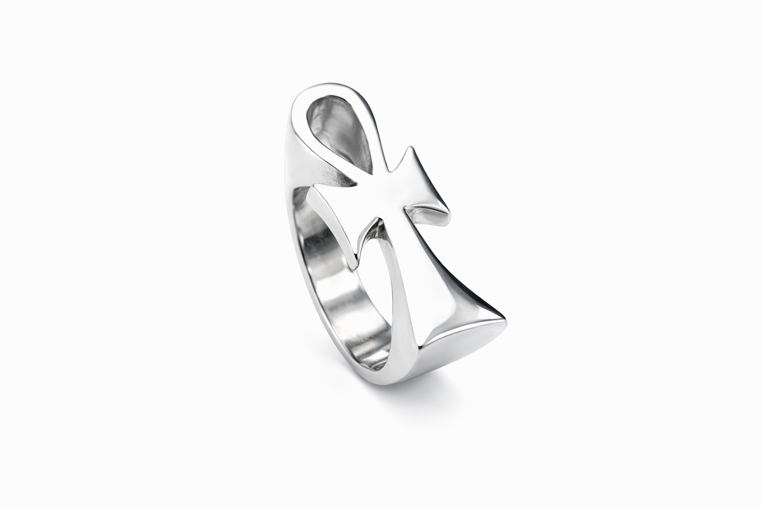 Silver ring with a sideways ankh design on a white background