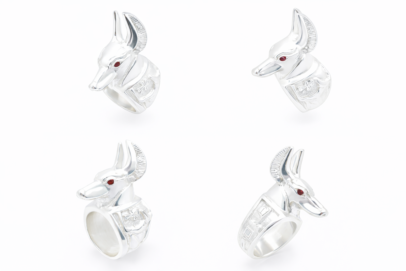 Ring of Anpu, the jacket headed ancient Egyptian principle with red gemstones on a white background