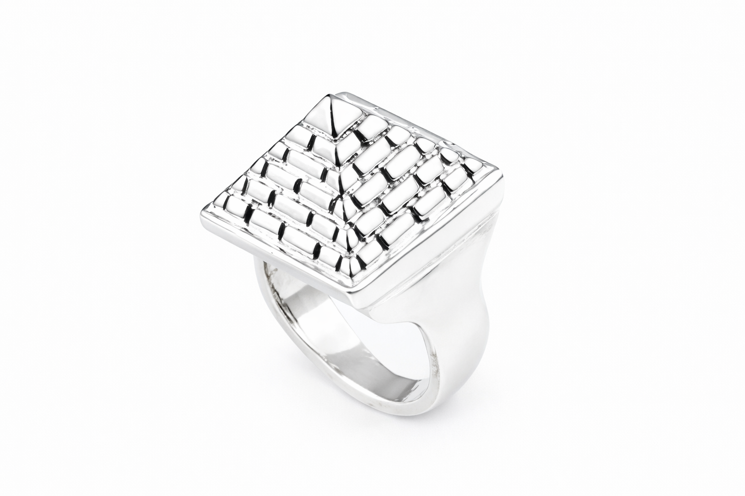 Silver Great Pyramid Ring with a textured square design on a white background