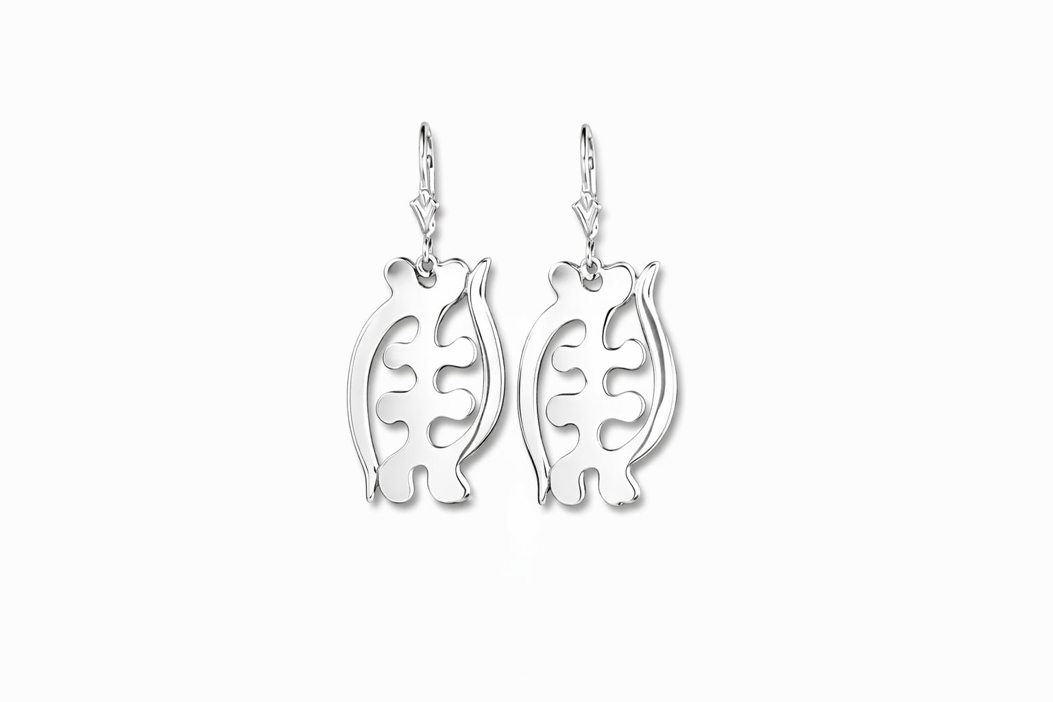 Pair of silver gye nyame earrings on a white background