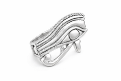 A sterling silver Eye of Heru two finger ring featuring the eye of heru design, with a textured surface. Right eye.
