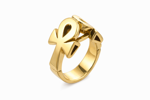 double ankh ring on a ring that support each other against a white backgound