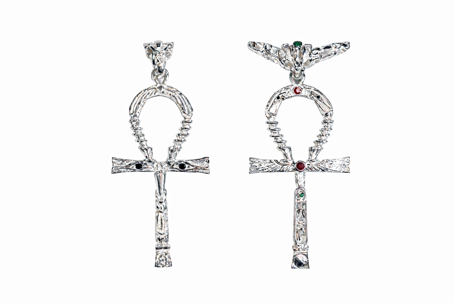 both sides of the Master Key Ankh Pendant with gemstones on a white background