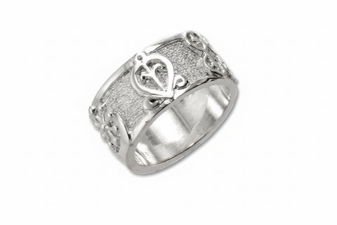 An 18k yellow gold wedding band with Adinkra symbols on the top surface, featuring a textured background.