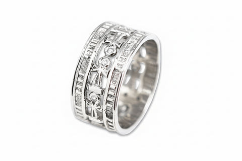 A wedding band featuring multiple bands with Ankh designs and classical borders adorned with white diamonds.