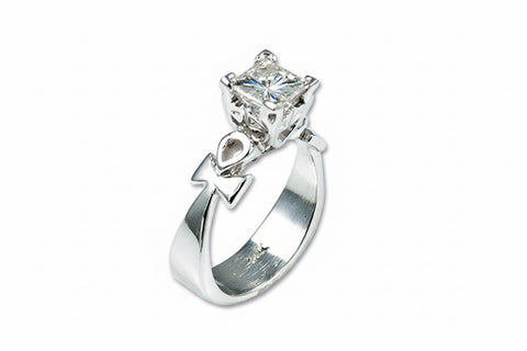 A solitaire engagement ring with a central diamond surrounded by two Ankh symbols, set in a white gold band.