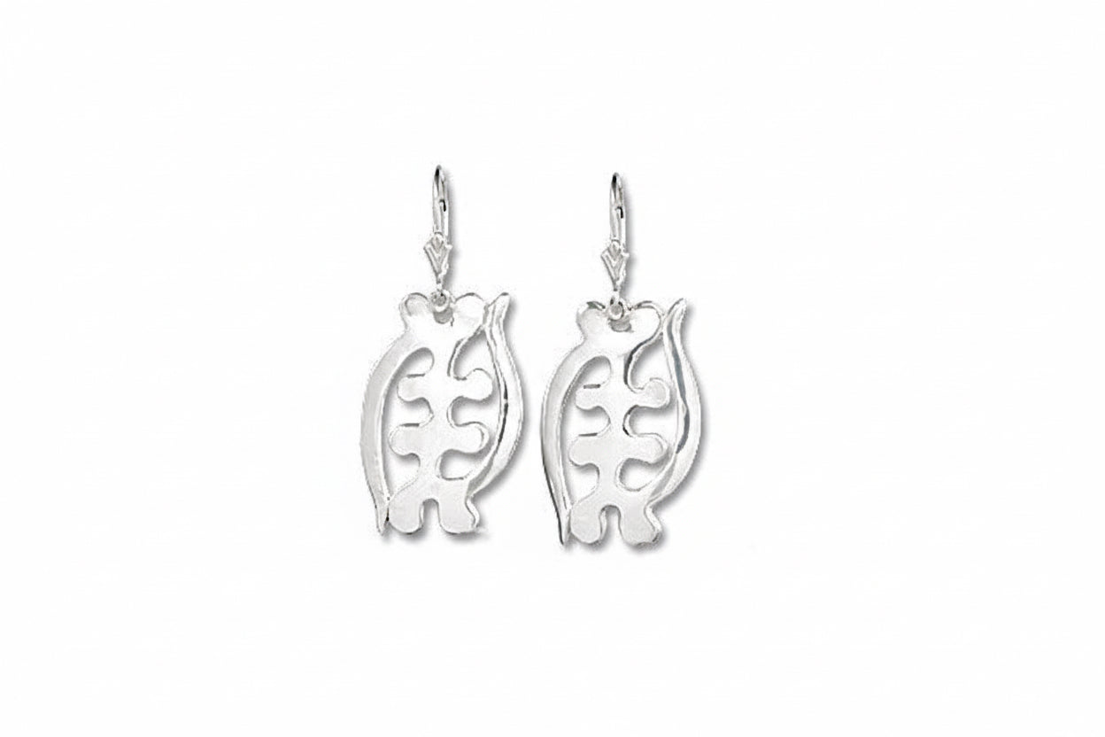 A pair of sterling silver hoop earrings with lever backs, featuring an Adinkra design known as Gye Nyame. Gynyame means "God is most powerful".