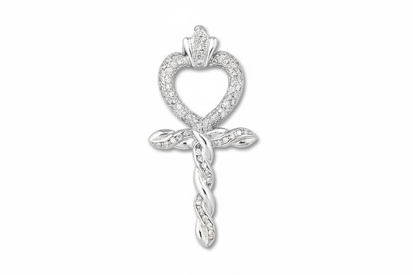 An 18k white gold and diamond Ankh heart pendant in a pave setting.