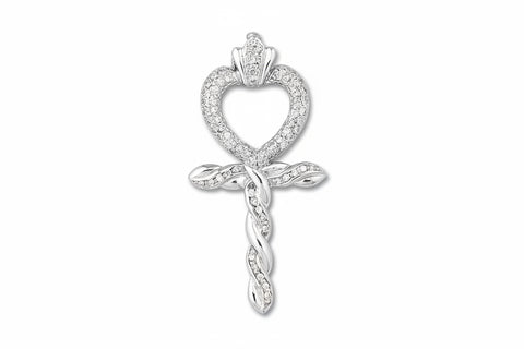 An 18k white gold and diamond Ankh heart pendant in a pave setting.