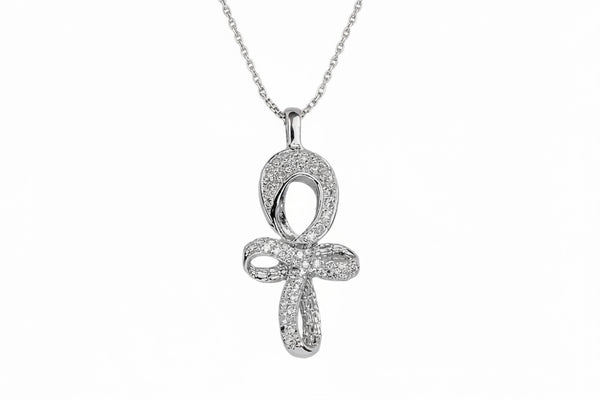 A white gold Infinity Ankh pendant with a central white diamond surrounded by smaller white diamonds, on a chain.