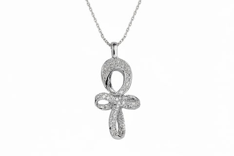 A white gold Infinity Ankh pendant with a central white diamond surrounded by smaller white diamonds, on a chain.